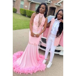 Pink Halter Gold Sequins Prom Dresses Mermaid Feather Evening Dress