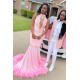 Pink Halter Gold Sequins Prom Dresses Mermaid Feather Evening Dress