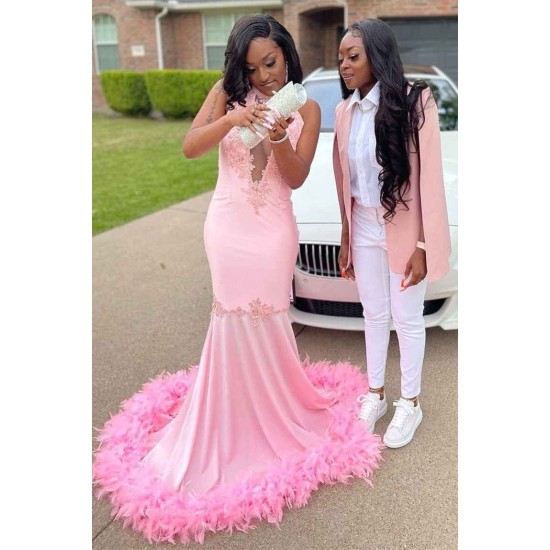 Pink Halter Gold Sequins Prom Dresses Mermaid Feather Evening Dress