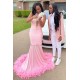 Pink Halter Gold Sequins Prom Dresses Mermaid Feather Evening Dress