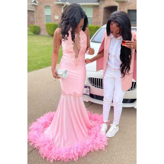 Pink Halter Gold Sequins Prom Dresses Mermaid Feather Evening Dress