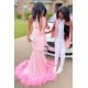 Pink Halter Gold Sequins Prom Dresses Mermaid Feather Evening Dress
