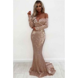 Unique Off-the-Shoulder Charming Sequins Wholesale Evening Dresses Elegant Long Sleeves Fit and Flare Prom Dresses On Sale