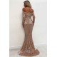Unique Off-the-Shoulder Charming Sequins Wholesale Evening Dresses Elegant Long Sleeves Fit and Flare Prom Dresses On Sale