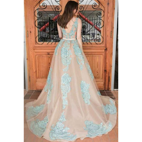 Complicated Straps Lace Appliques Overskirt Prom Dresses Open Back Sleeveless Nude Evening Gown with Belt