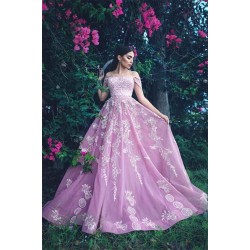 Gorgeous Off-the-Shoulder Lace Appliques Evening Dresses Pink Beads Sequins Prom Dresses