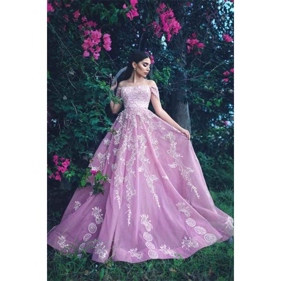 Gorgeous Off-the-Shoulder Lace Appliques Evening Dresses Pink Beads Sequins Prom Dresses
