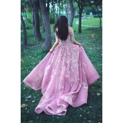 Gorgeous Off-the-Shoulder Lace Appliques Evening Dresses Pink Beads Sequins Prom Dresses