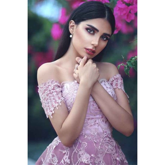 Gorgeous Off-the-Shoulder Lace Appliques Evening Dresses Pink Beads Sequins Prom Dresses