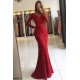 Chic V-neck Open Back Scarlet Lace Evening Dresses Elegant Long Sleeves Fit and Flare Wholesale Prom Dresses