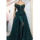 Dark Green Off-the-Shoulder Sparkle Long Evening Dresses Sheath Chic High Split Overskirt Prom Dresses