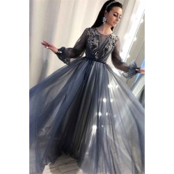 Trendy A-Line Tulle Evening Dresses Long Sleevess Applqiues Affordable Prom Dresses