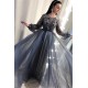 Trendy A-Line Tulle Evening Dresses Long Sleevess Applqiues Affordable Prom Dresses