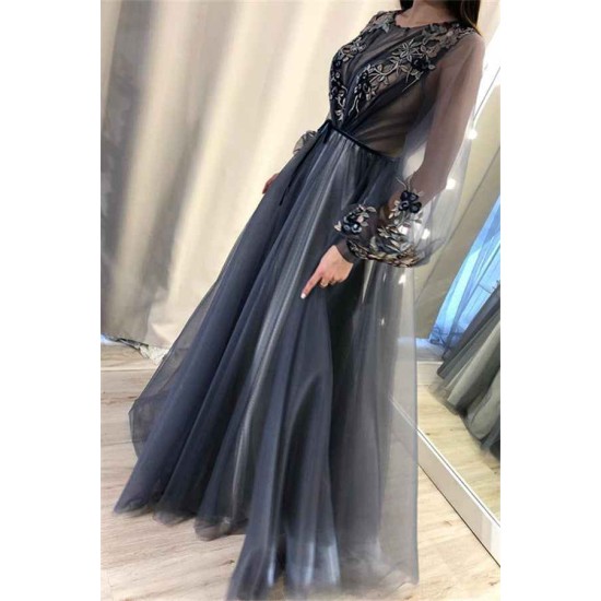 Trendy A-Line Tulle Evening Dresses Long Sleevess Applqiues Affordable Prom Dresses
