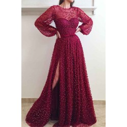 Illusion neck Scarlet Long Sleevess Side Slit Evening Dresses Flare sleeves Princess Beaded Prom Dresses with Bow