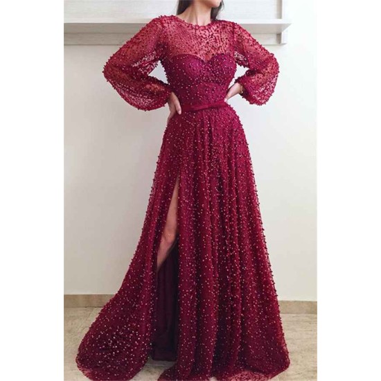 Illusion neck Scarlet Long Sleevess Side Slit Evening Dresses Flare sleeves Princess Beaded Prom Dresses with Bow