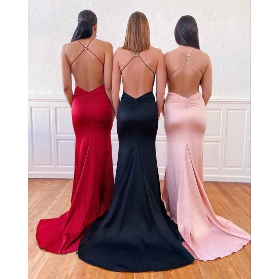 Chic Spaghetti straps Criss-cross Back Floor length Red Evening Dress, Pink, Dark Navy