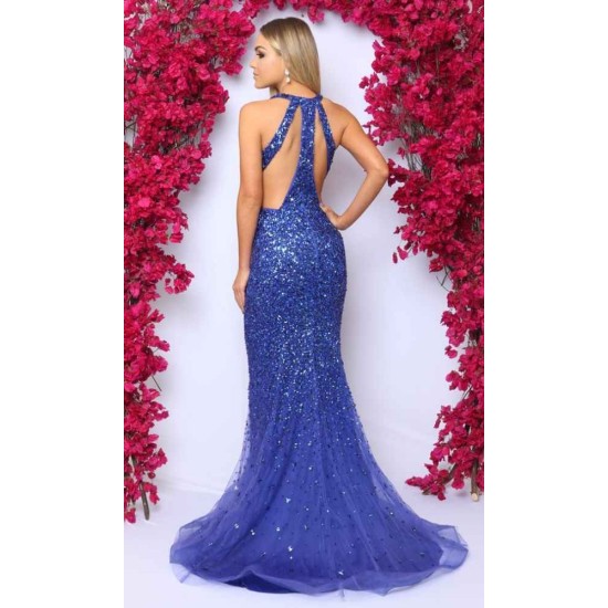 Chic V-Neck Sleeveless Prom Party Gowns on Sale Royal Blue Crystals Evening Dress On Sale