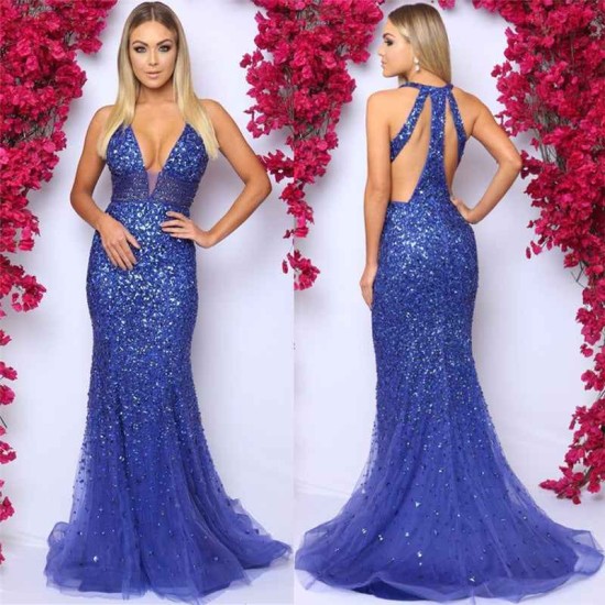Chic V-Neck Sleeveless Prom Party Gowns on Sale Royal Blue Crystals Evening Dress On Sale