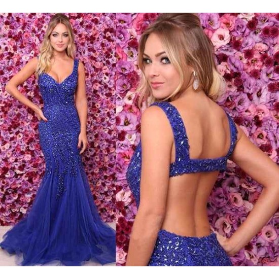 Pretty Royal Blue Straps Evening Dresses |Crystals Open Back Sleeveless Prom Party Gowns on Sale