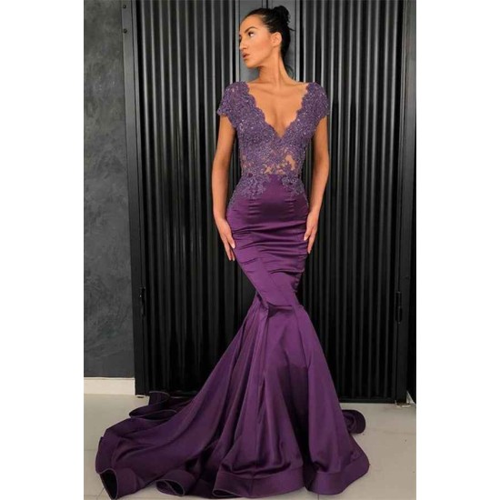 Chic V-Neck Short Sleeves Evening Dresses Mermaid Beadings Long Formal Dresses