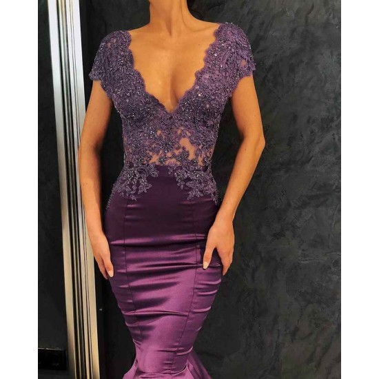 Chic V-Neck Short Sleeves Evening Dresses Mermaid Beadings Long Formal Dresses