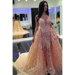 Chic Pink Mermaid Puffy Formal Dresses |Detachable Train Dubai Arabic Evening Dresses