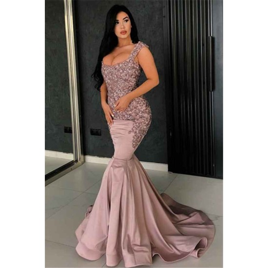 Chic Pink Mermaid Evening Dress Straps Appliques Long Formal Dresses