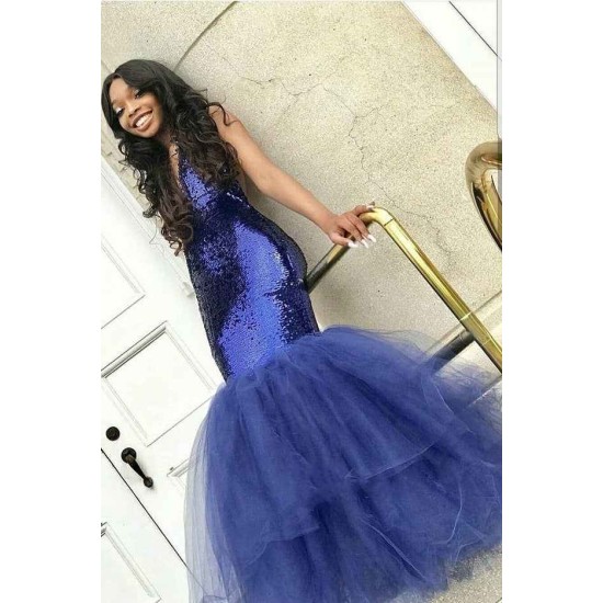 Chic Navy Blue Mermaid Sequins Prom Dresses Tulle Sleeveless V-Neck Evening Dresses