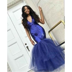 Chic Navy Blue Mermaid Sequins Prom Dresses Tulle Sleeveless V-Neck Evening Dresses