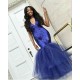 Chic Navy Blue Mermaid Sequins Prom Dresses Tulle Sleeveless V-Neck Evening Dresses