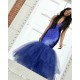 Chic Navy Blue Mermaid Sequins Prom Dresses Tulle Sleeveless V-Neck Evening Dresses