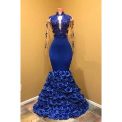 Gorgeous Royal Blue Prom Dresses Long Sleevess Evening Gowns with Rose Flowers