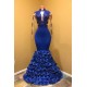 Gorgeous Royal Blue Prom Dresses Long Sleevess Evening Gowns with Rose Flowers