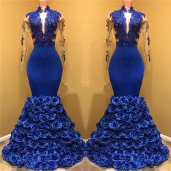 Gorgeous Royal Blue Prom Dresses Long Sleevess Evening Gowns with Rose Flowers
