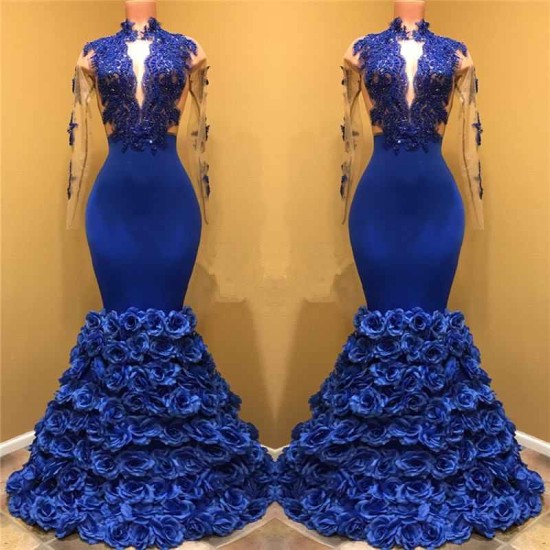Gorgeous Royal Blue Prom Dresses Long Sleevess Evening Gowns with Rose Flowers