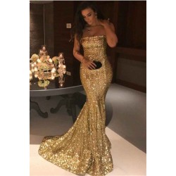 Sparkle Gold Sequins Mermaid Evening Gowns Chic Strapless Prom Dresses