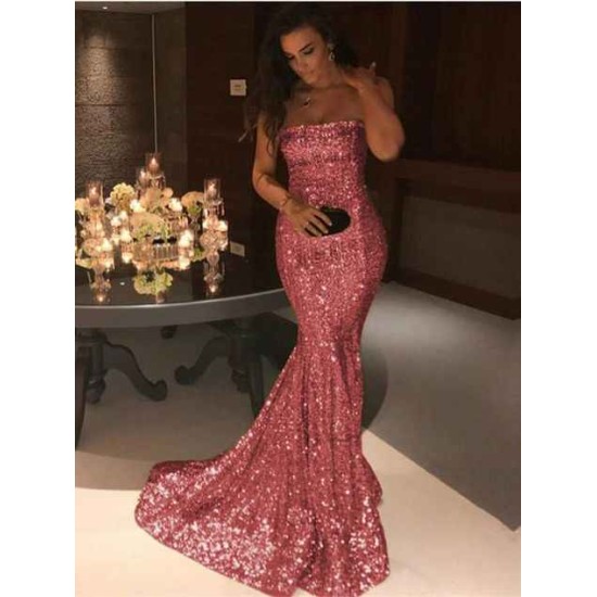 Sparkle Gold Sequins Mermaid Evening Gowns Chic Strapless Prom Dresses
