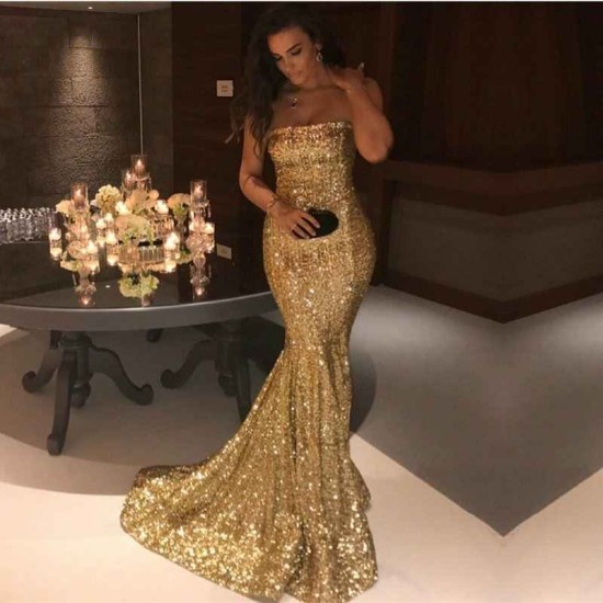 Sparkle Gold Sequins Mermaid Evening Gowns Chic Strapless Prom Dresses