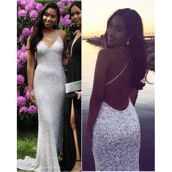 V-neck Sequined Mermaid Evening Dresses Halter Chic Party Gowns