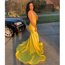 Latest V-neck Halter Appliques Brush Train Mermaid Prom Dresses
