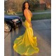 Latest V-neck Halter Appliques Brush Train Mermaid Prom Dresses