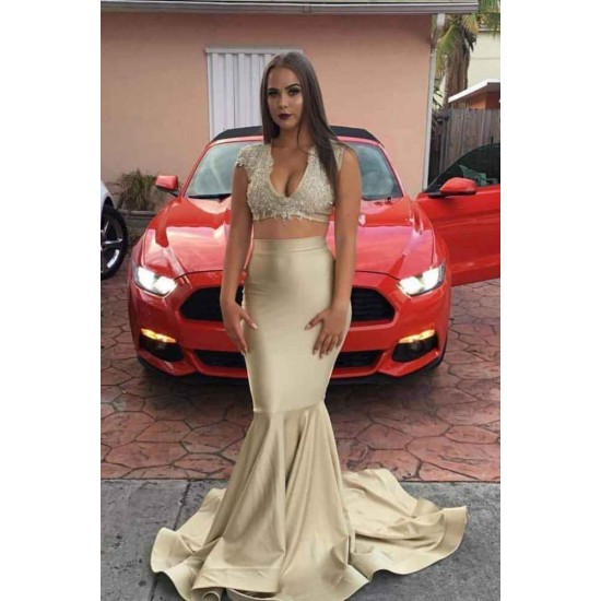 Two-piece Appliques V-neck Sleeveless Long Mermaid Prom Dresses