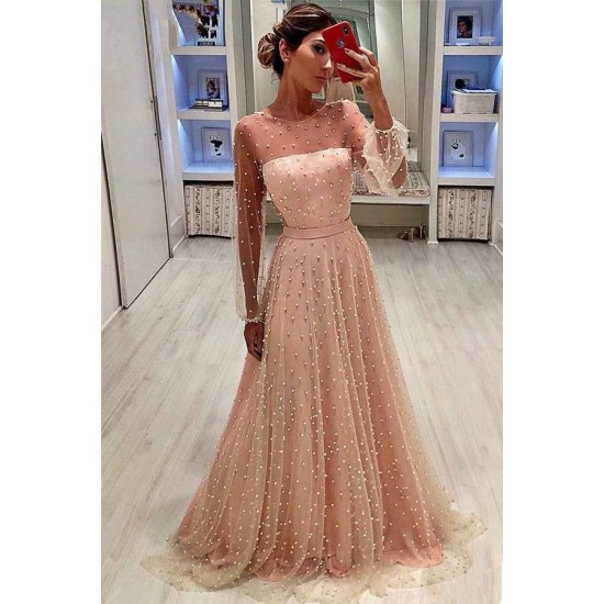 See Through Tulle Bubble Sleeves Prom Party Gowns| Full Beading Long Sleeves Evening Dresses