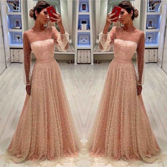 See Through Tulle Bubble Sleeves Prom Party Gowns| Full Beading Long Sleeves Evening Dresses