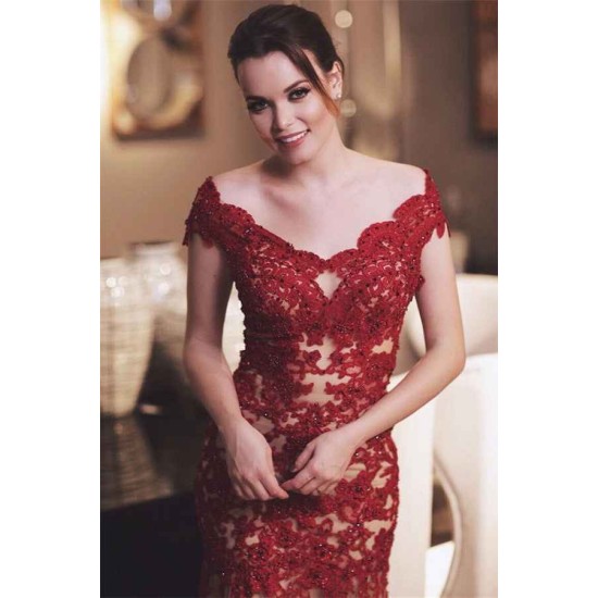 Sparkling Beading Burgundy Appliques Chic Evening Dresses Mermaid See Through Tulle Prom Party Gowns
