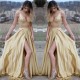 Chic Gold Two Pieces V-Neck Evening Dresses V-Neck Sleeveless Crystals Prom Party Gowns