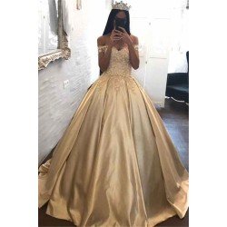 Off-the-Shoulder Champagne Gold Ball Gown Evening Dress Appliques Quinceanera Dresses