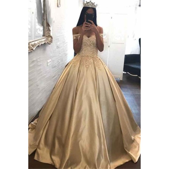 Off-the-Shoulder Champagne Gold Ball Gown Evening Dress Appliques Quinceanera Dresses