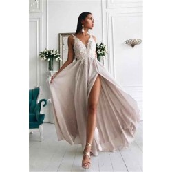 Light Chiffon Chic Slit Formal Dresses Lace Appliques Popular Long Evening Dress